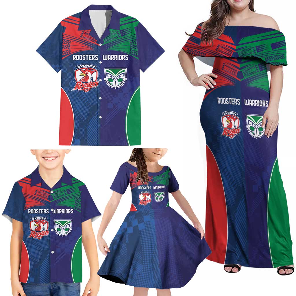 Custom Warriors-Roosters Family Matching Off Shoulder Maxi Dress and Hawaiian Shirt Together Sporty Style