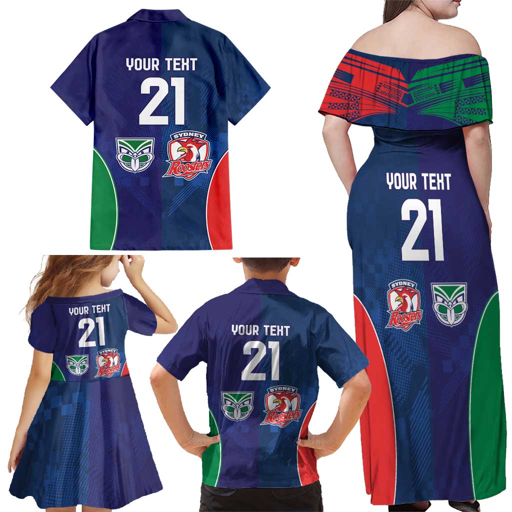 Custom Warriors-Roosters Family Matching Off Shoulder Maxi Dress and Hawaiian Shirt Together Sporty Style
