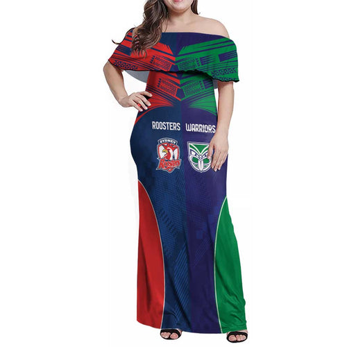 Custom Warriors-Roosters Family Matching Off Shoulder Maxi Dress and Hawaiian Shirt Together Sporty Style