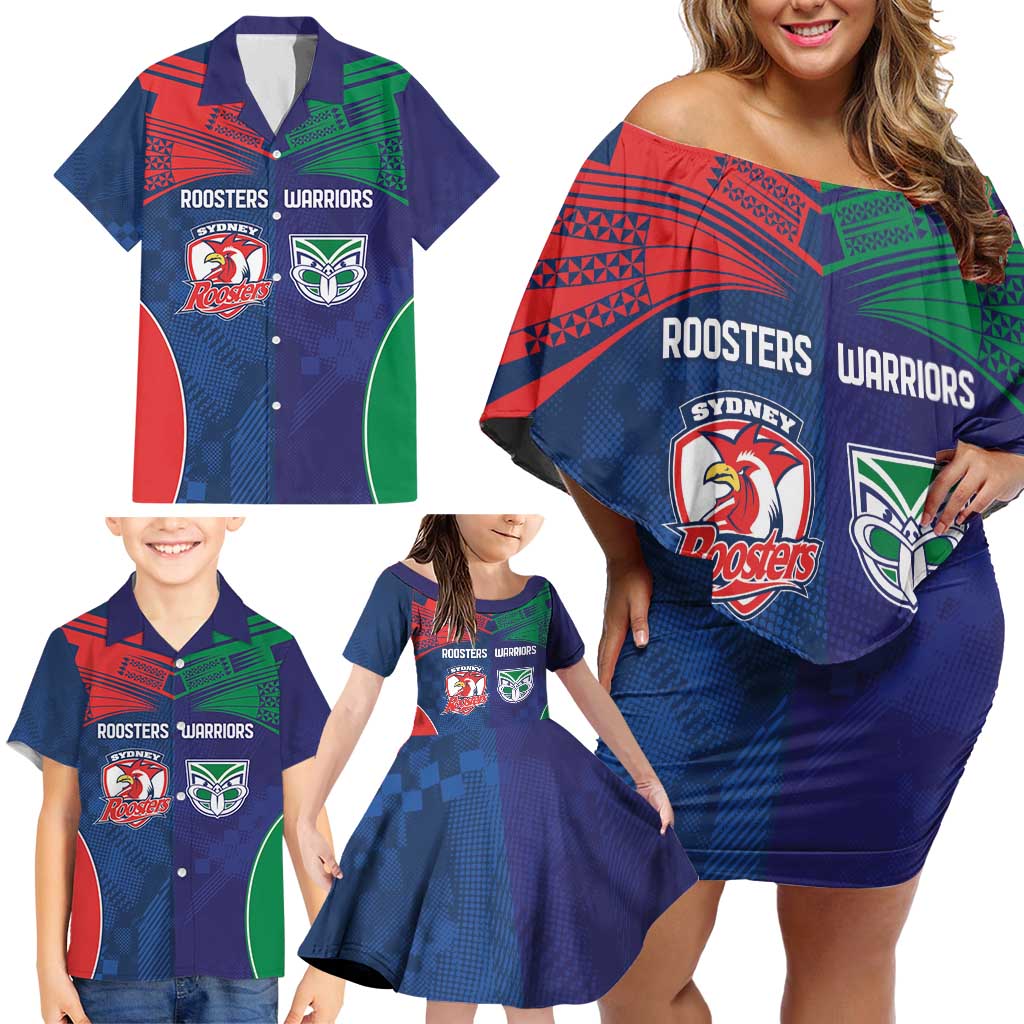 Custom Warriors-Roosters Family Matching Off Shoulder Short Dress and Hawaiian Shirt Together Sporty Style
