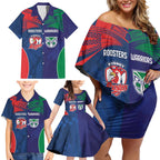 Custom Warriors-Roosters Family Matching Off Shoulder Short Dress and Hawaiian Shirt Together Sporty Style