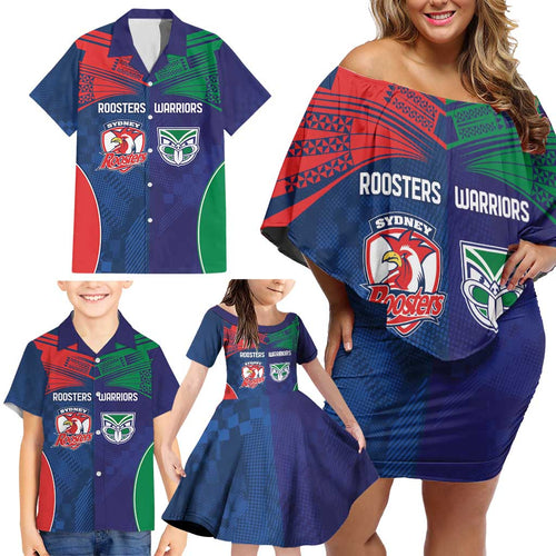 Custom Warriors-Roosters Family Matching Off Shoulder Short Dress and Hawaiian Shirt Together Sporty Style