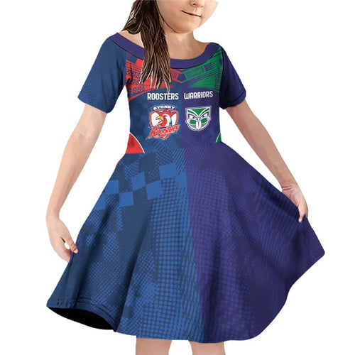 Custom Warriors-Roosters Family Matching Off Shoulder Short Dress and Hawaiian Shirt Together Sporty Style