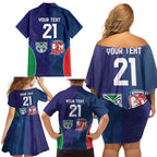 Custom Warriors-Roosters Family Matching Off Shoulder Short Dress and Hawaiian Shirt Together Sporty Style