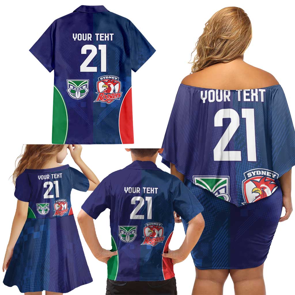 Custom Warriors-Roosters Family Matching Off Shoulder Short Dress and Hawaiian Shirt Together Sporty Style