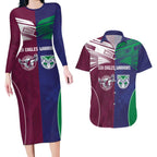 Custom Warriors-Sea Eagles Couples Matching Long Sleeve Bodycon Dress and Hawaiian Shirt Together Sporty Style