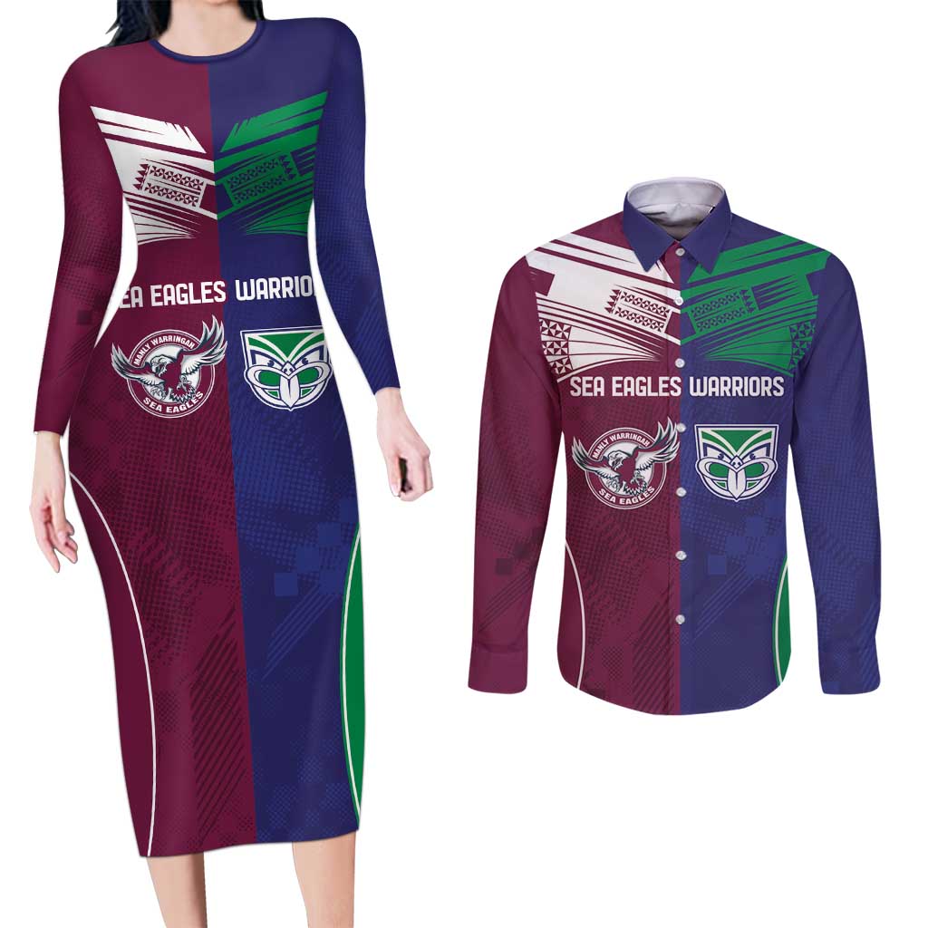 Custom Warriors-Sea Eagles Couples Matching Long Sleeve Bodycon Dress and Long Sleeve Button Shirt Together Sporty Style
