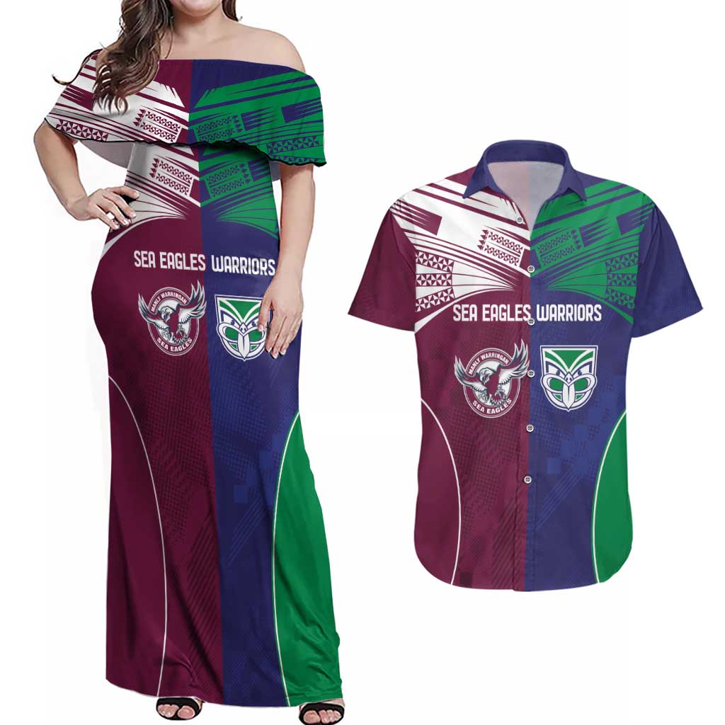 Custom Warriors-Sea Eagles Couples Matching Off Shoulder Maxi Dress and Hawaiian Shirt Together Sporty Style
