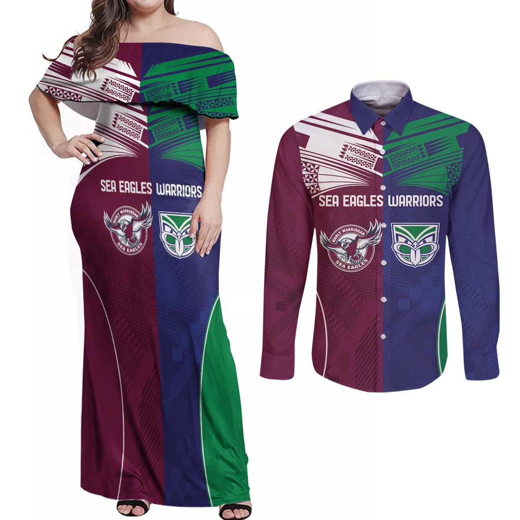 Custom Warriors-Sea Eagles Couples Matching Off Shoulder Maxi Dress and Long Sleeve Button Shirt Together Sporty Style