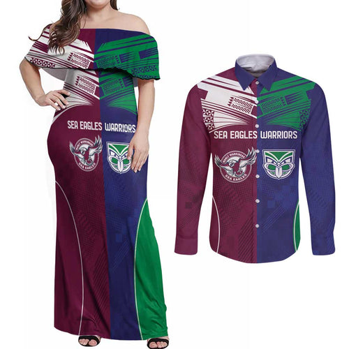 Custom Warriors-Sea Eagles Couples Matching Off Shoulder Maxi Dress and Long Sleeve Button Shirt Together Sporty Style