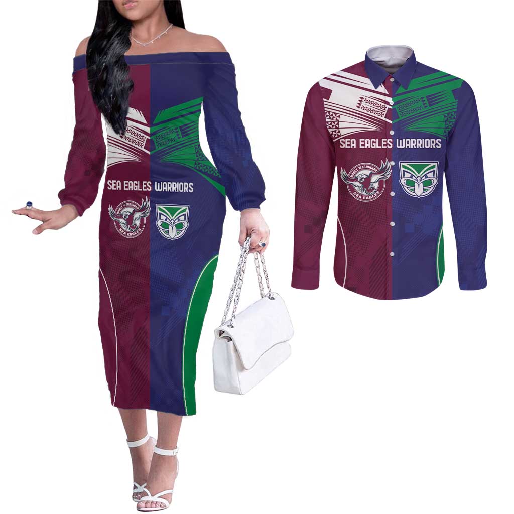 Custom Warriors-Sea Eagles Couples Matching Off The Shoulder Long Sleeve Dress and Long Sleeve Button Shirt Together Sporty Style