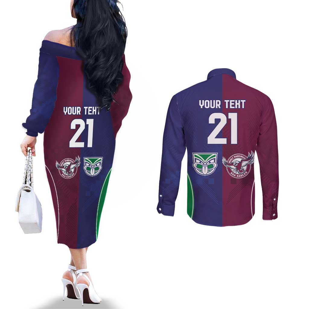 Custom Warriors-Sea Eagles Couples Matching Off The Shoulder Long Sleeve Dress and Long Sleeve Button Shirt Together Sporty Style