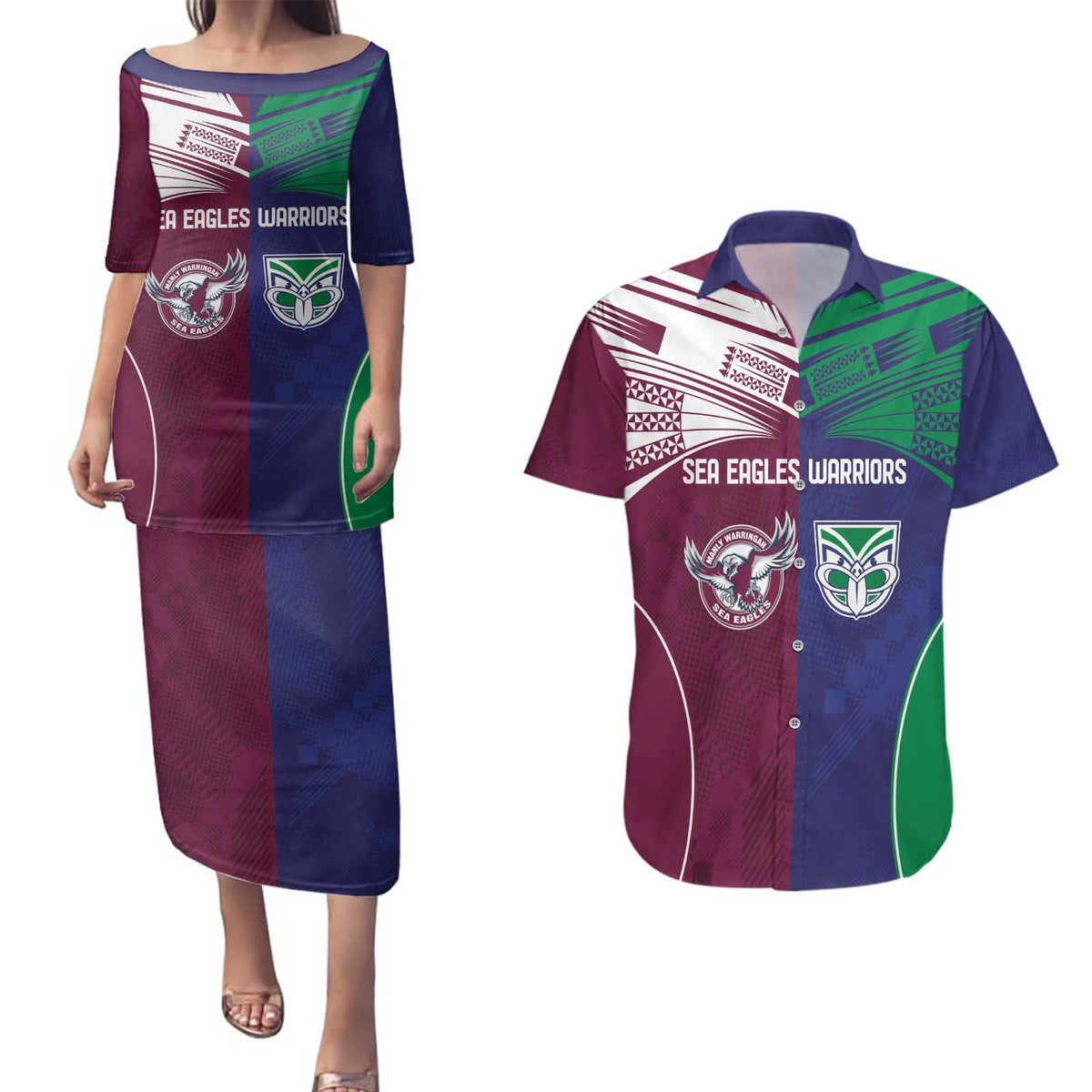 Custom Warriors-Sea Eagles Couples Matching Puletasi and Hawaiian Shirt Together Sporty Style