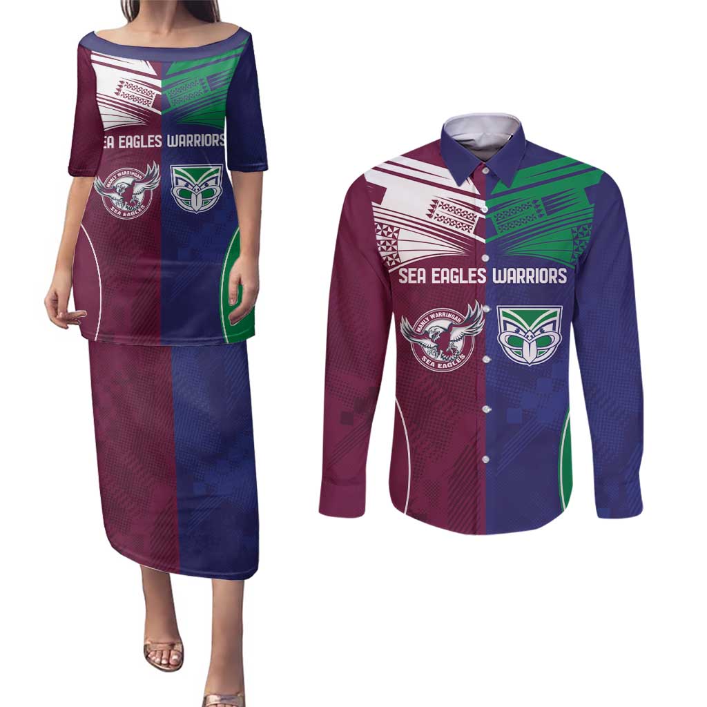 Custom Warriors-Sea Eagles Couples Matching Puletasi and Long Sleeve Button Shirt Together Sporty Style
