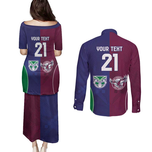 Custom Warriors-Sea Eagles Couples Matching Puletasi and Long Sleeve Button Shirt Together Sporty Style