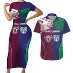 Custom Warriors-Sea Eagles Couples Matching Short Sleeve Bodycon Dress and Hawaiian Shirt Together Sporty Style