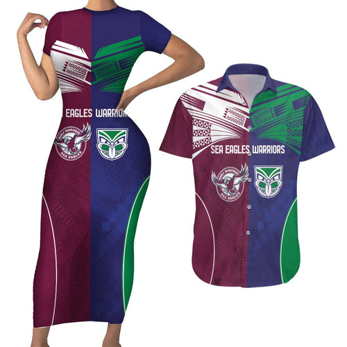 Custom Warriors-Sea Eagles Couples Matching Short Sleeve Bodycon Dress and Hawaiian Shirt Together Sporty Style