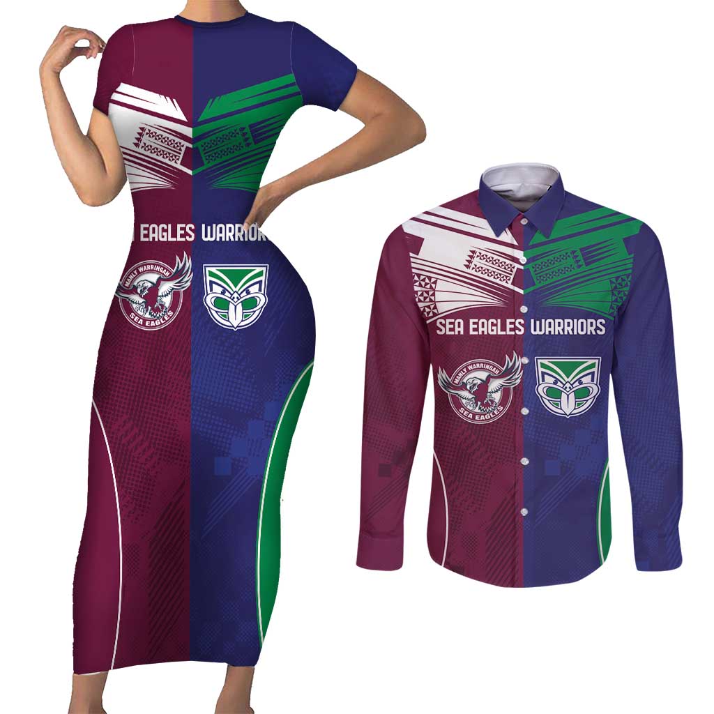 Custom Warriors-Sea Eagles Couples Matching Short Sleeve Bodycon Dress and Long Sleeve Button Shirt Together Sporty Style