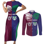 Custom Warriors-Sea Eagles Couples Matching Short Sleeve Bodycon Dress and Long Sleeve Button Shirt Together Sporty Style