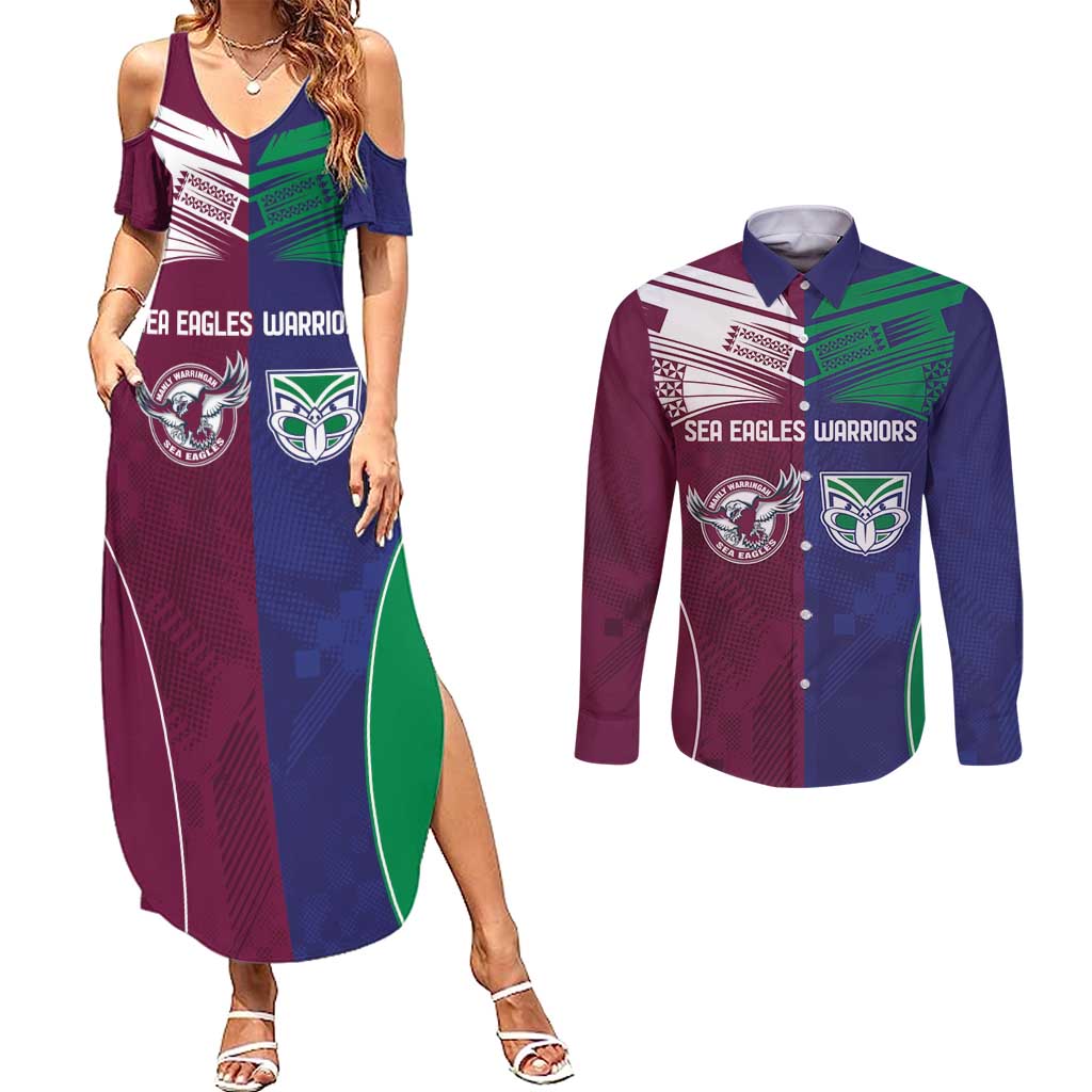 Custom Warriors-Sea Eagles Couples Matching Summer Maxi Dress and Long Sleeve Button Shirt Together Sporty Style