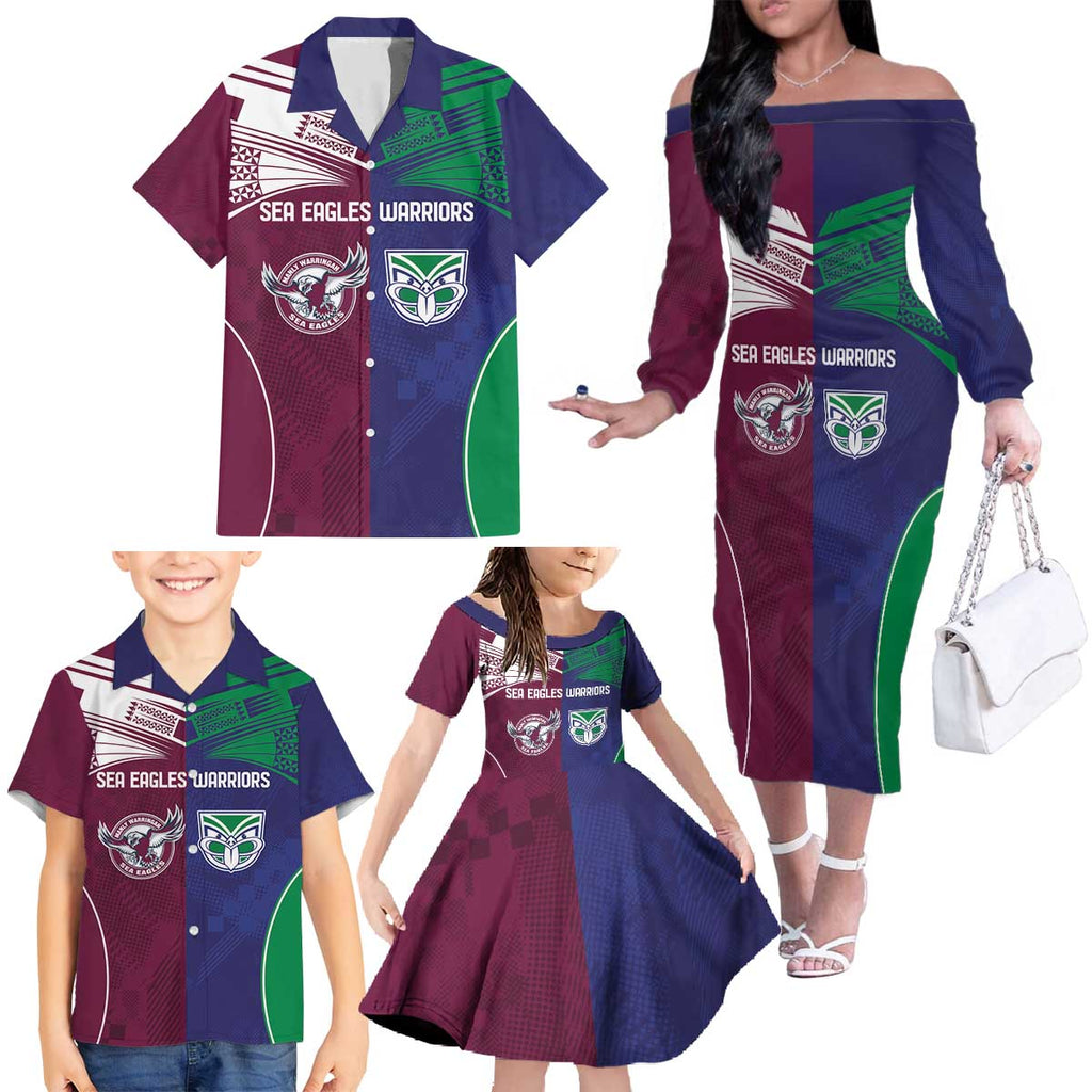 Custom Warriors-Sea Eagles Family Matching Off The Shoulder Long Sleeve Dress and Hawaiian Shirt Together Sporty Style