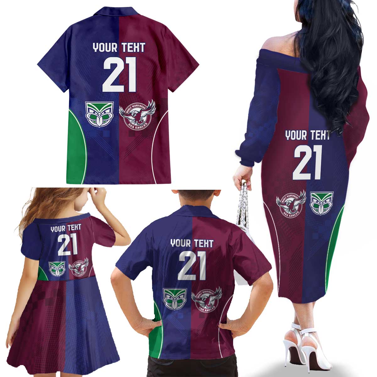 Custom Warriors-Sea Eagles Family Matching Off The Shoulder Long Sleeve Dress and Hawaiian Shirt Together Sporty Style