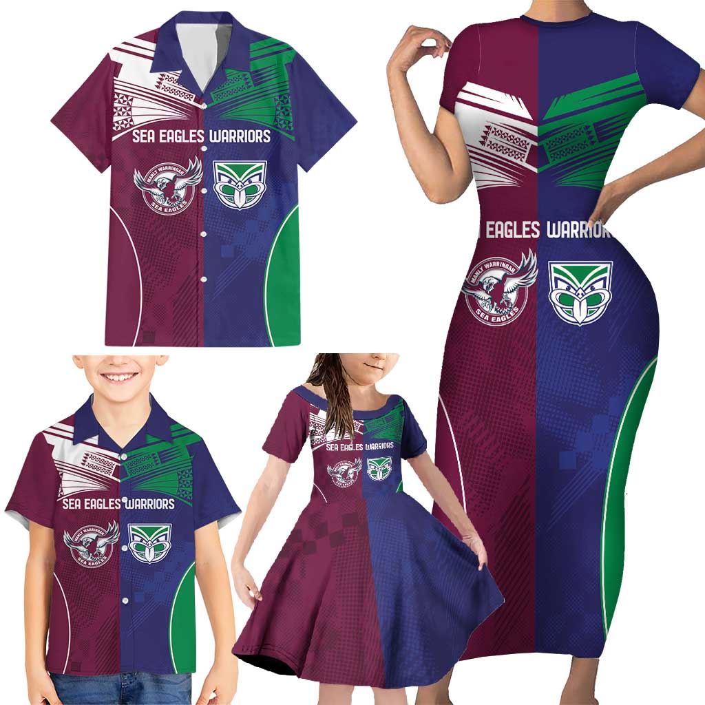Custom Warriors-Sea Eagles Family Matching Short Sleeve Bodycon Dress and Hawaiian Shirt Together Sporty Style