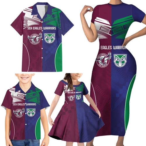 Custom Warriors-Sea Eagles Family Matching Short Sleeve Bodycon Dress and Hawaiian Shirt Together Sporty Style