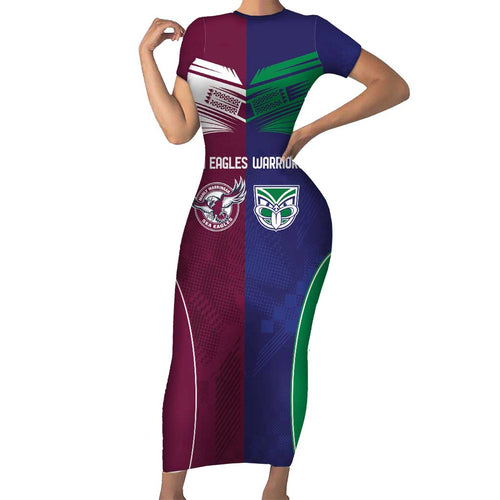Custom Warriors-Sea Eagles Family Matching Short Sleeve Bodycon Dress and Hawaiian Shirt Together Sporty Style