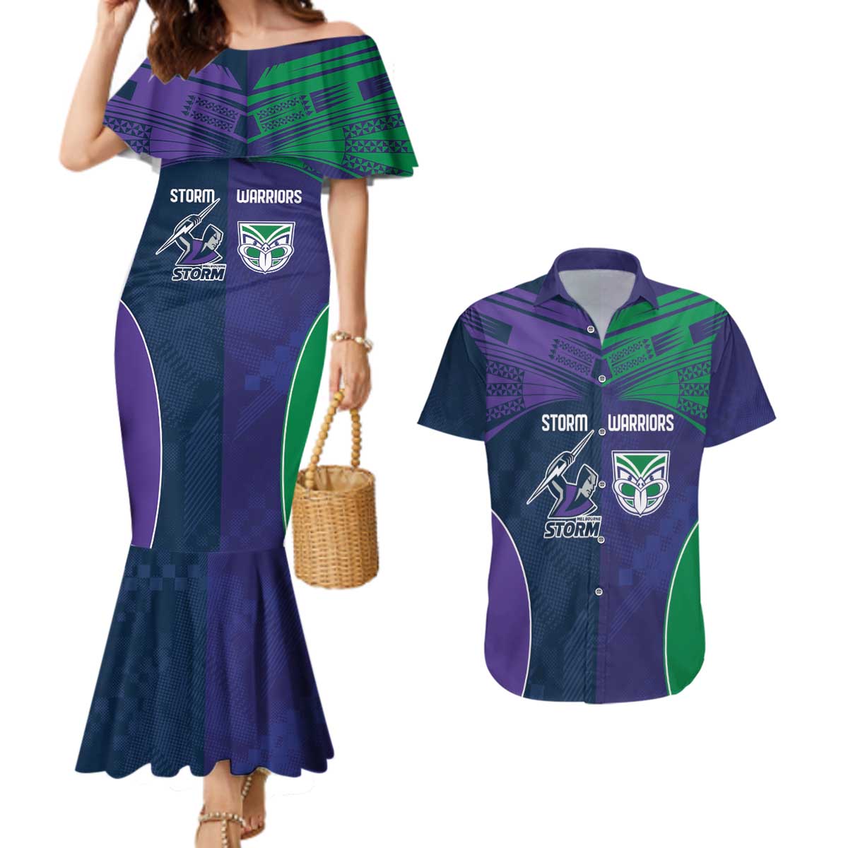 Custom Warriors-Storm Couples Matching Mermaid Dress and Hawaiian Shirt Together Sporty Style