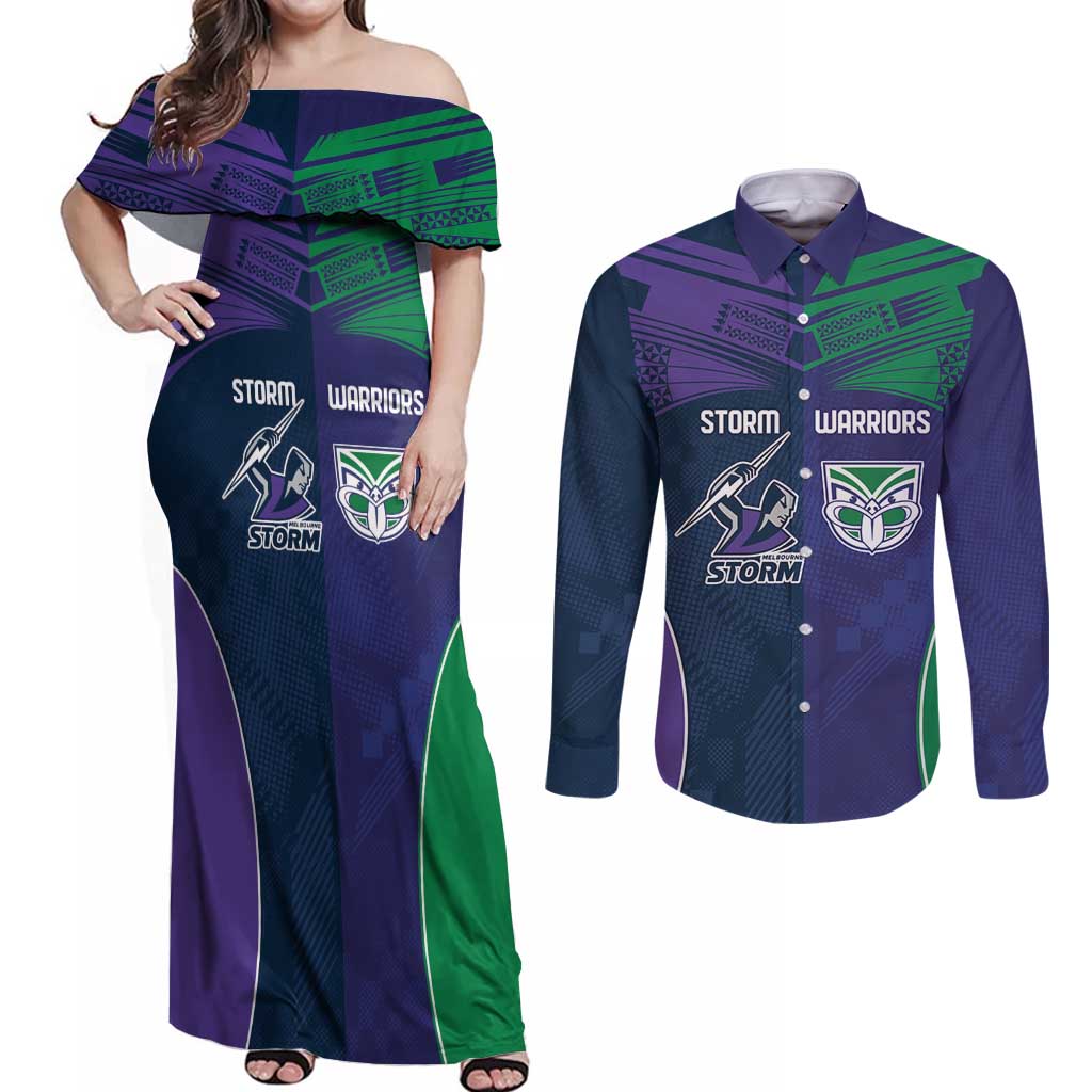 Custom Warriors-Storm Couples Matching Off Shoulder Maxi Dress and Long Sleeve Button Shirt Together Sporty Style