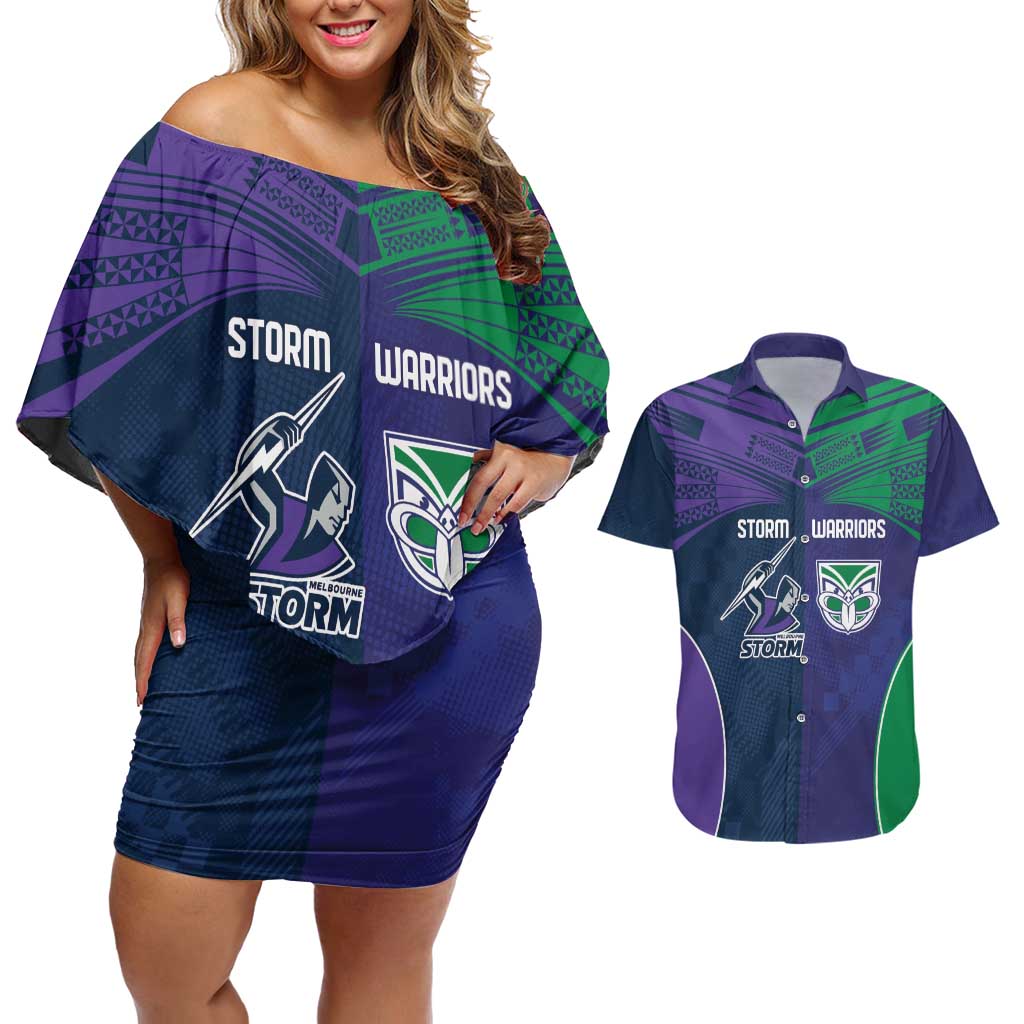 Custom Warriors-Storm Couples Matching Off Shoulder Short Dress and Hawaiian Shirt Together Sporty Style
