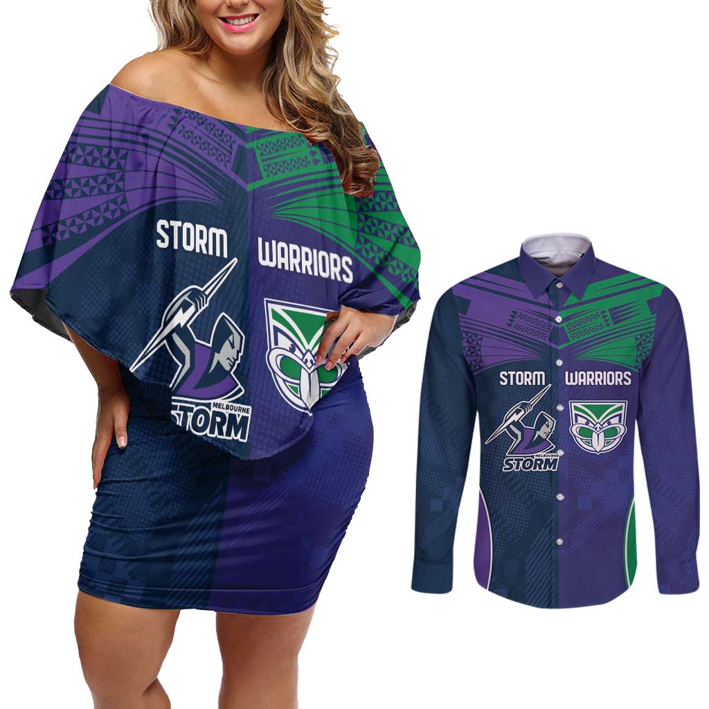 Custom Warriors-Storm Couples Matching Off Shoulder Short Dress and Long Sleeve Button Shirt Together Sporty Style