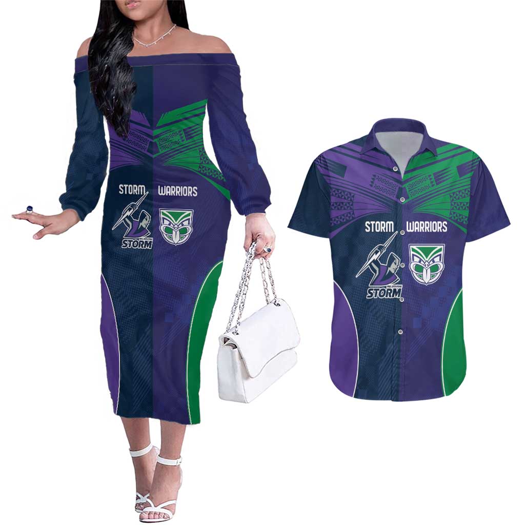 Custom Warriors-Storm Couples Matching Off The Shoulder Long Sleeve Dress and Hawaiian Shirt Together Sporty Style