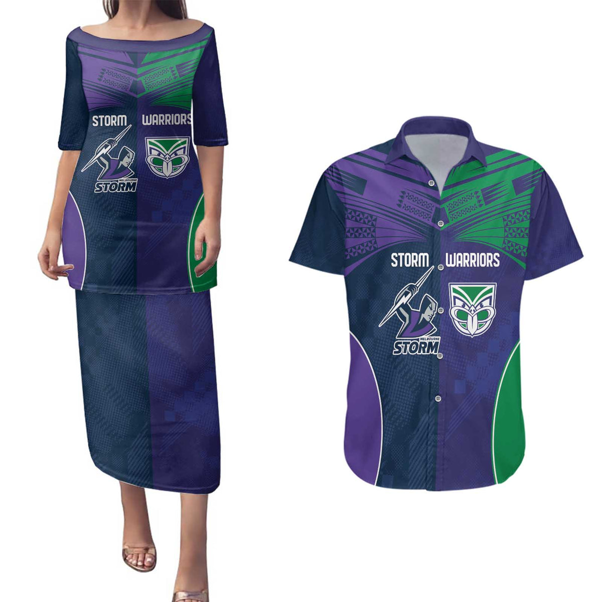 Custom Warriors-Storm Couples Matching Puletasi and Hawaiian Shirt Together Sporty Style