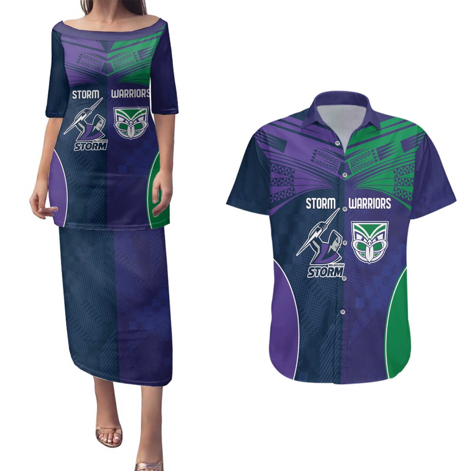 Custom Warriors-Storm Couples Matching Puletasi and Hawaiian Shirt Together Sporty Style