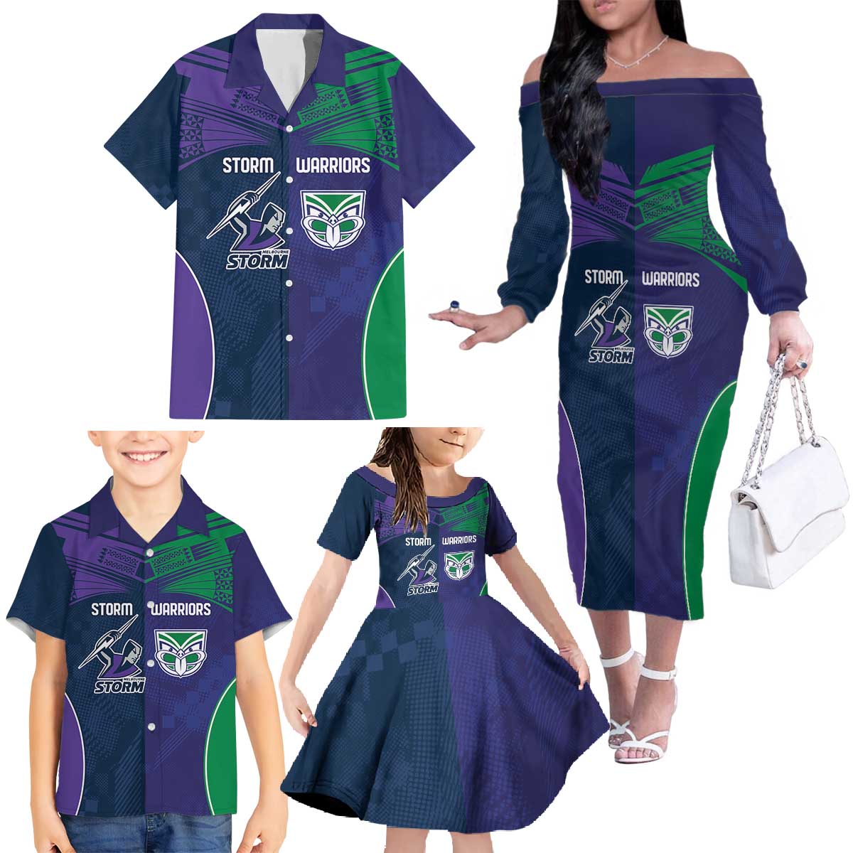 Custom Warriors-Storm Family Matching Off The Shoulder Long Sleeve Dress and Hawaiian Shirt Together Sporty Style