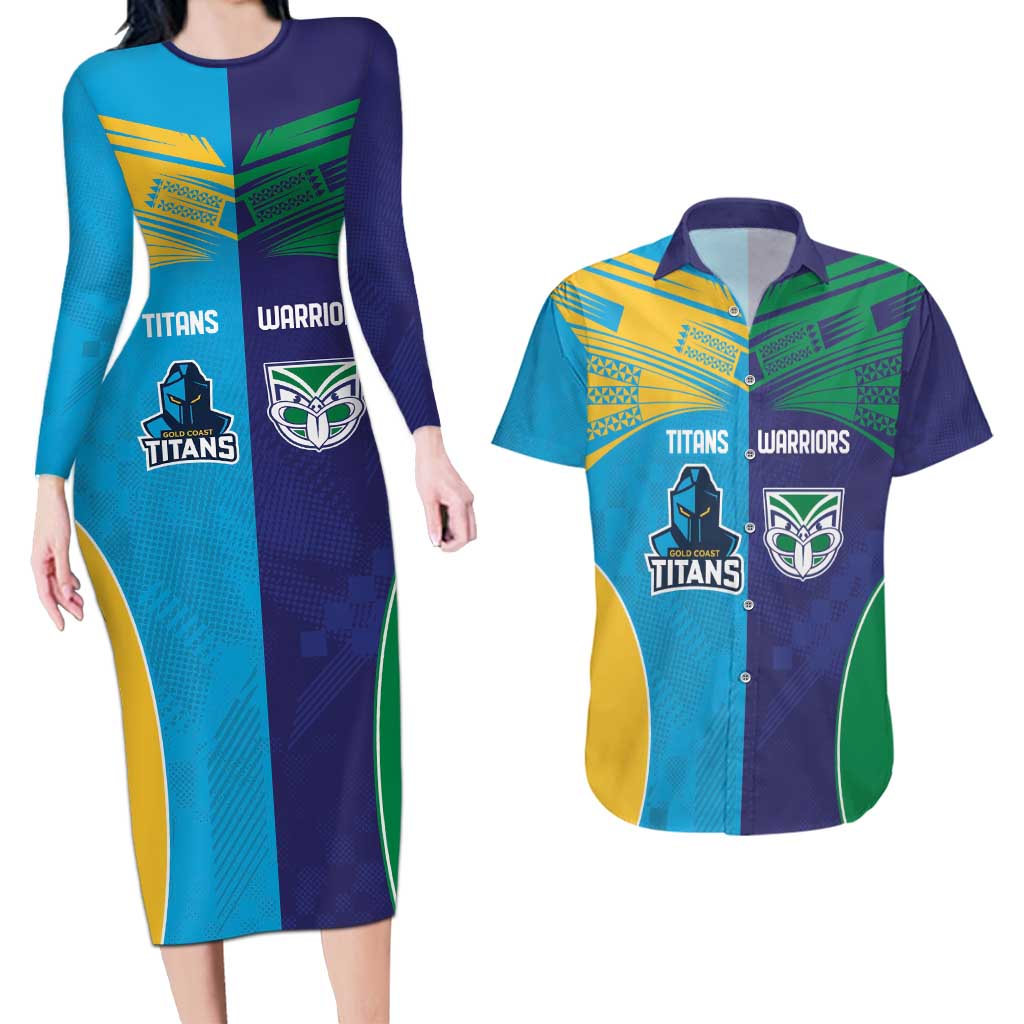 Custom Warriors-Titans Couples Matching Long Sleeve Bodycon Dress and Hawaiian Shirt Together Sporty Style