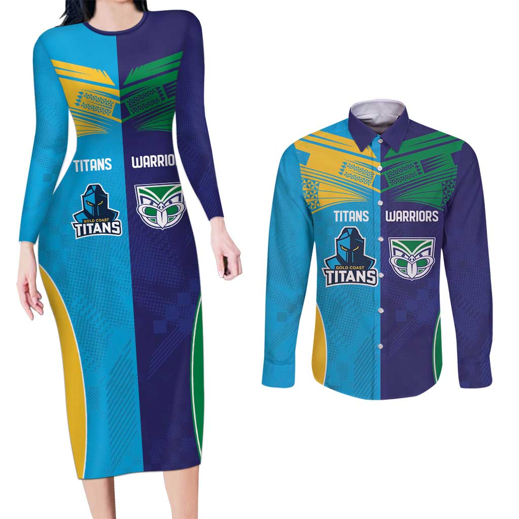 Custom Warriors-Titans Couples Matching Long Sleeve Bodycon Dress and Long Sleeve Button Shirt Together Sporty Style