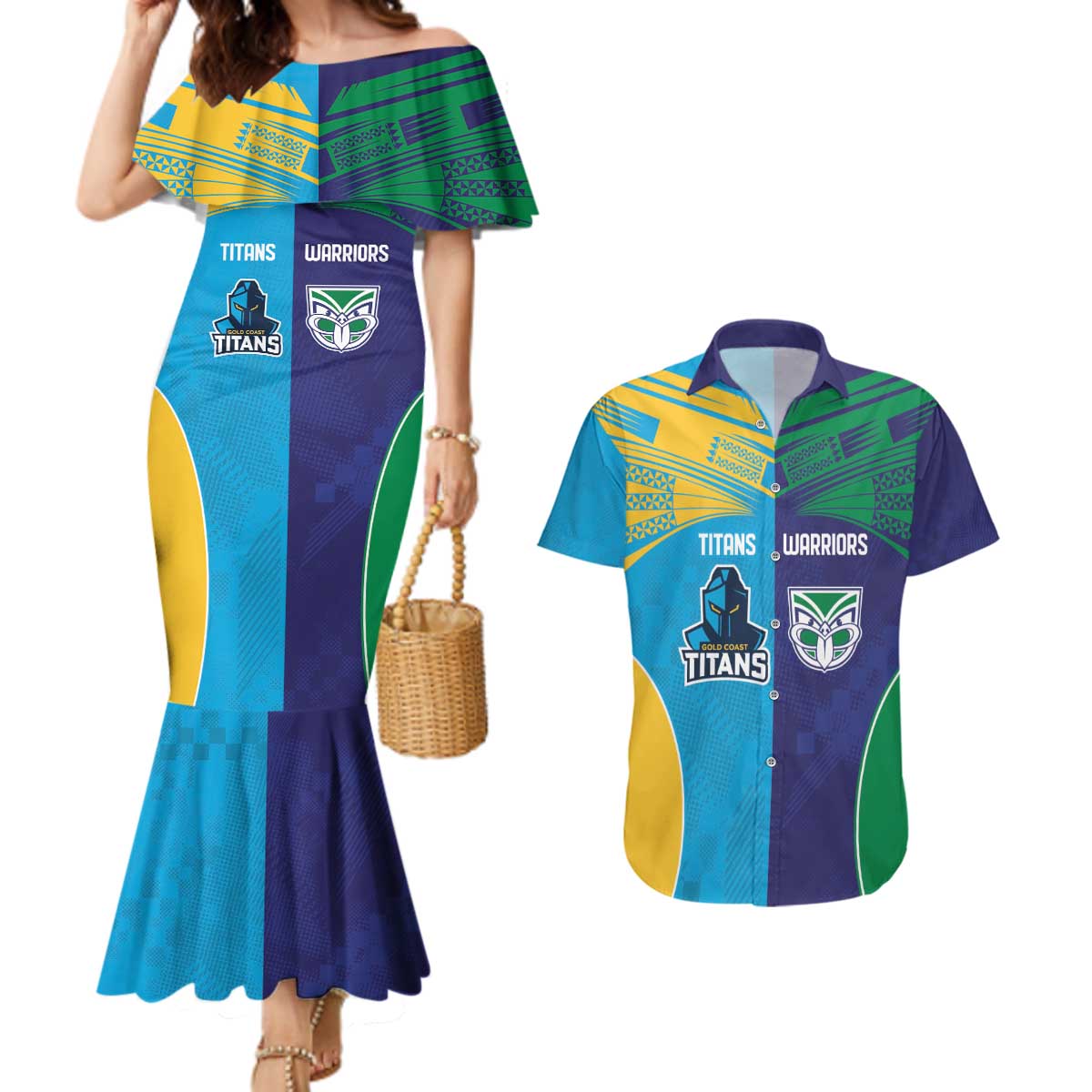 Custom Warriors-Titans Couples Matching Mermaid Dress and Hawaiian Shirt Together Sporty Style
