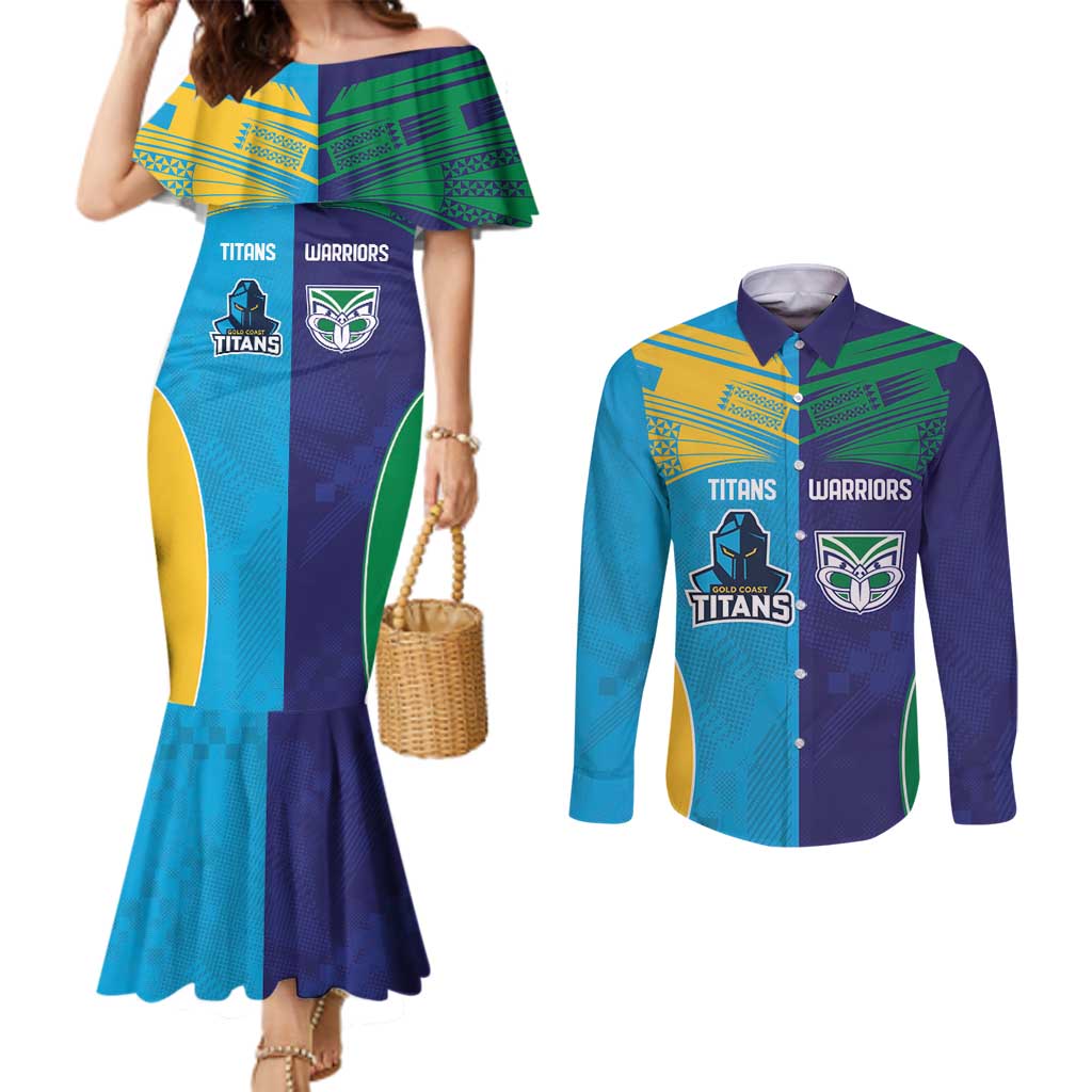 Custom Warriors-Titans Couples Matching Mermaid Dress and Long Sleeve Button Shirt Together Sporty Style