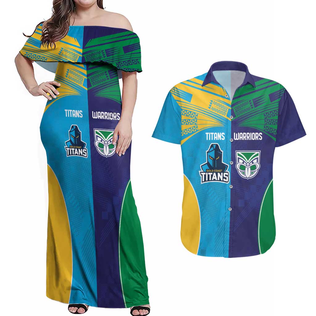 Custom Warriors-Titans Couples Matching Off Shoulder Maxi Dress and Hawaiian Shirt Together Sporty Style