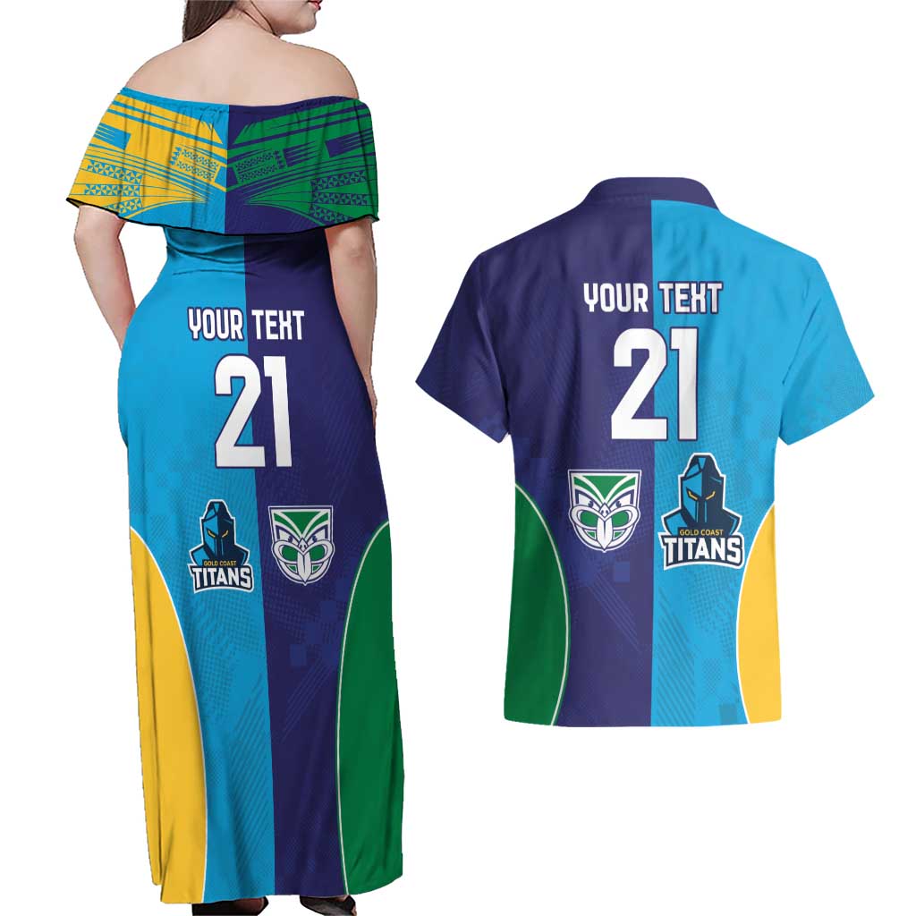 Custom Warriors-Titans Couples Matching Off Shoulder Maxi Dress and Hawaiian Shirt Together Sporty Style