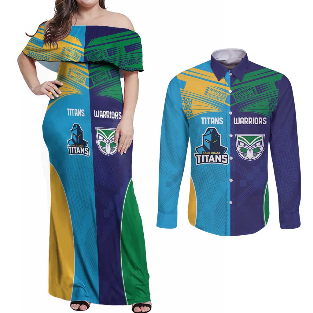 Custom Warriors-Titans Couples Matching Off Shoulder Maxi Dress and Long Sleeve Button Shirt Together Sporty Style