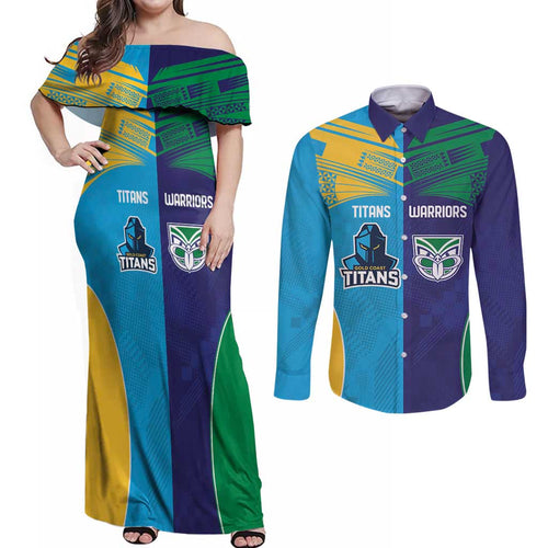 Custom Warriors-Titans Couples Matching Off Shoulder Maxi Dress and Long Sleeve Button Shirt Together Sporty Style