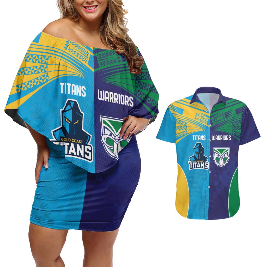 Custom Warriors-Titans Couples Matching Off Shoulder Short Dress and Hawaiian Shirt Together Sporty Style
