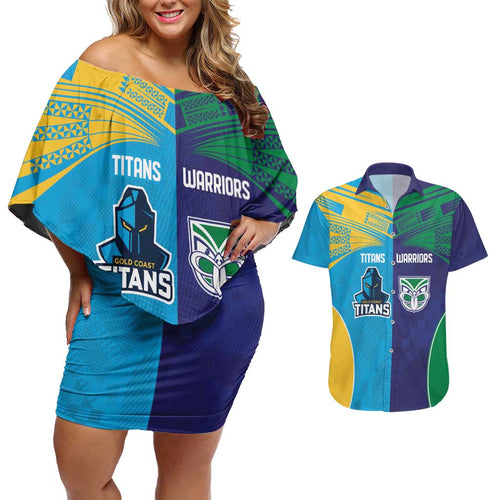Custom Warriors-Titans Couples Matching Off Shoulder Short Dress and Hawaiian Shirt Together Sporty Style