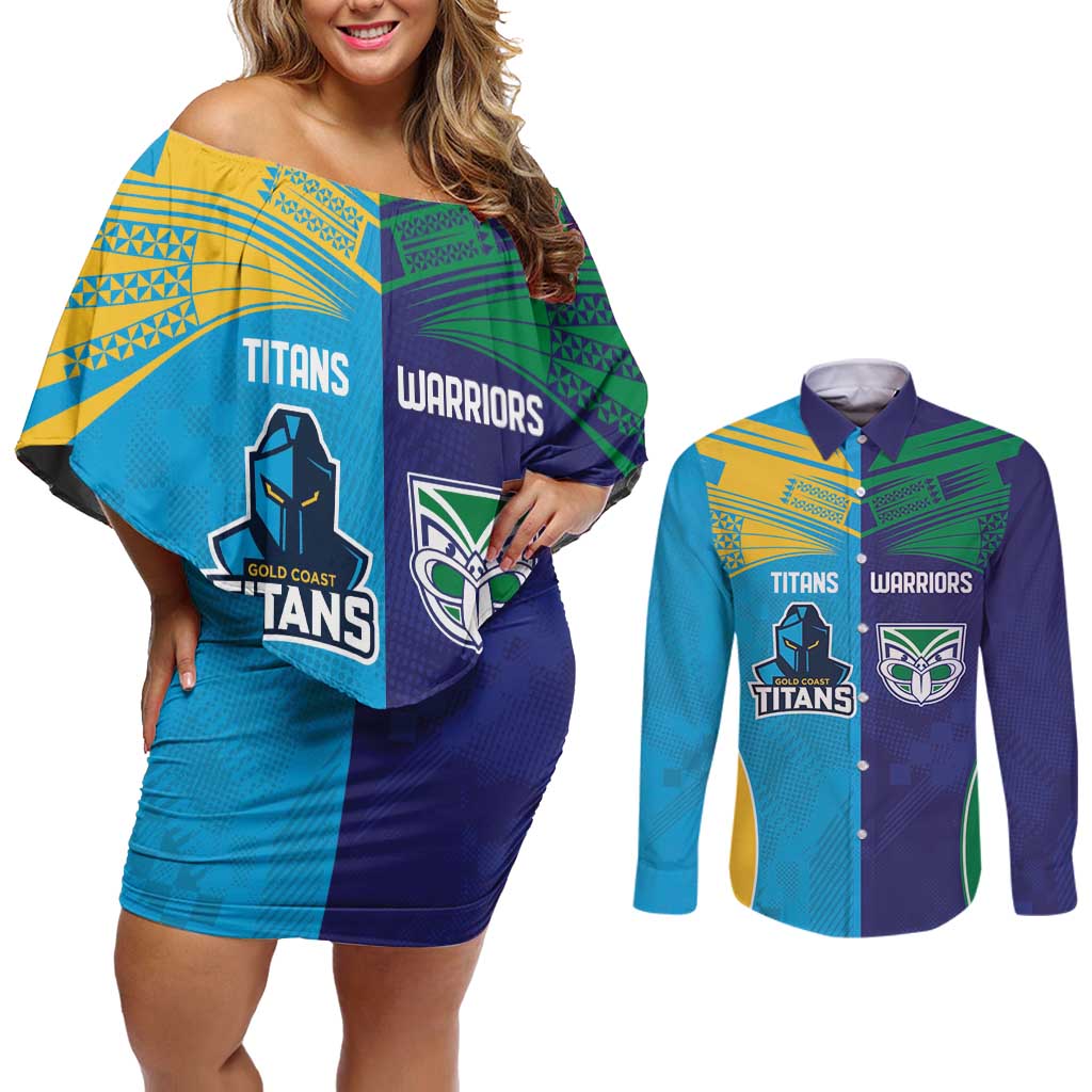 Custom Warriors-Titans Couples Matching Off Shoulder Short Dress and Long Sleeve Button Shirt Together Sporty Style