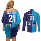 Custom Warriors-Titans Couples Matching Off Shoulder Short Dress and Long Sleeve Button Shirt Together Sporty Style