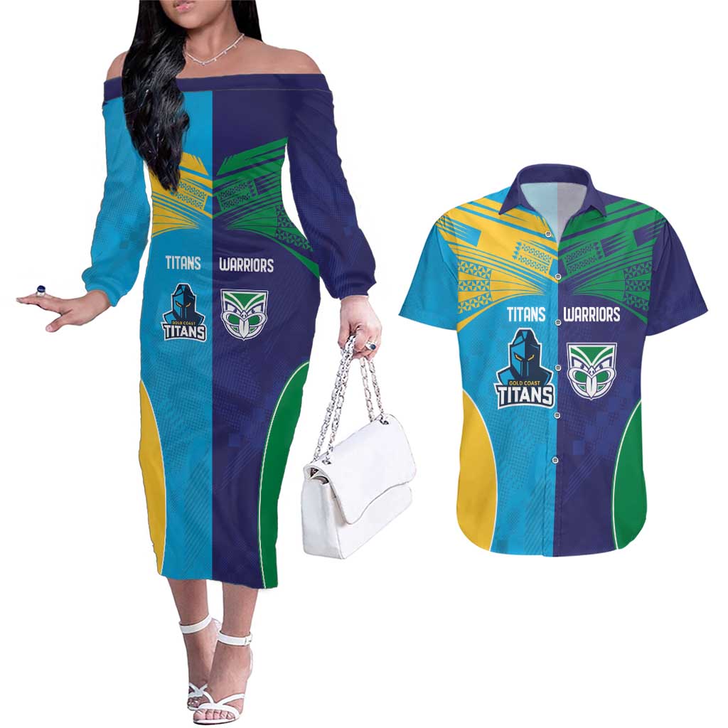 Custom Warriors-Titans Couples Matching Off The Shoulder Long Sleeve Dress and Hawaiian Shirt Together Sporty Style